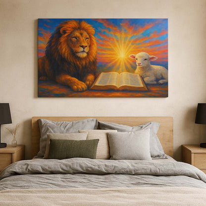 Lion and Lamb Before the Open Bible, Wall Art Canvas