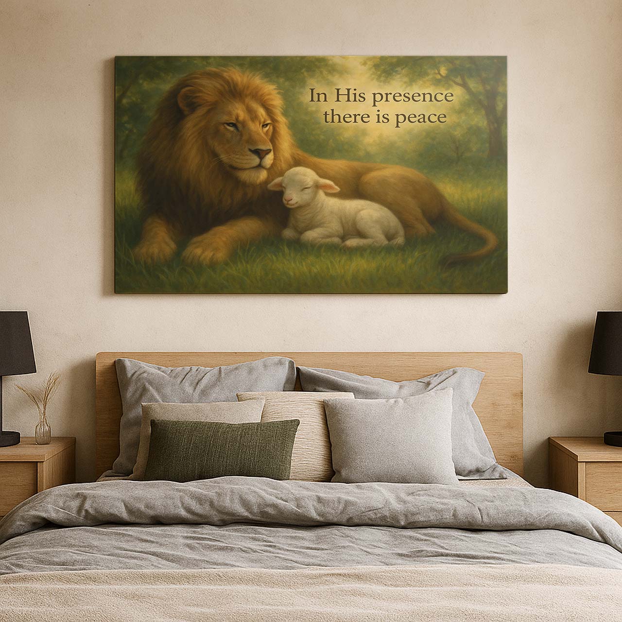 Lion and Lamb Under 'In His Presence There Is Peace', Wall Art Canvas