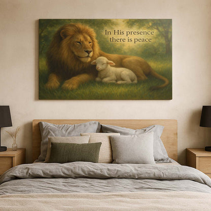 Lion and Lamb Under 'In His Presence There Is Peace', Wall Art Canvas