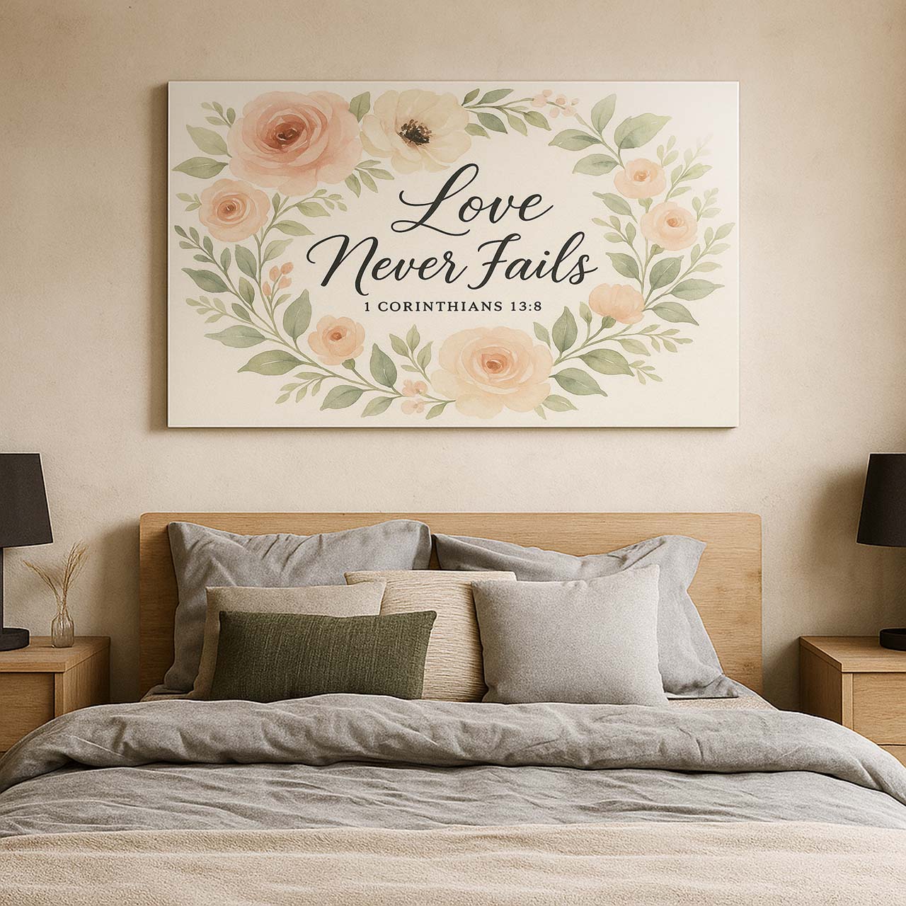 Love Never Fails 1 Corinthians 13:8 Floral Design, Wall Art Canvas