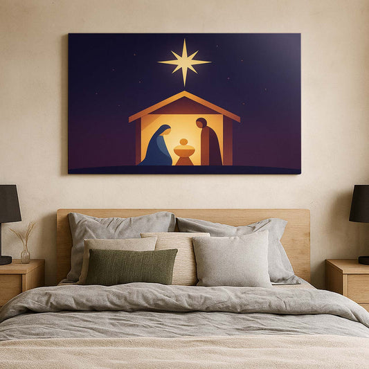 Stylized Nativity Stable Under a Guiding Star, Wall Art Canvas