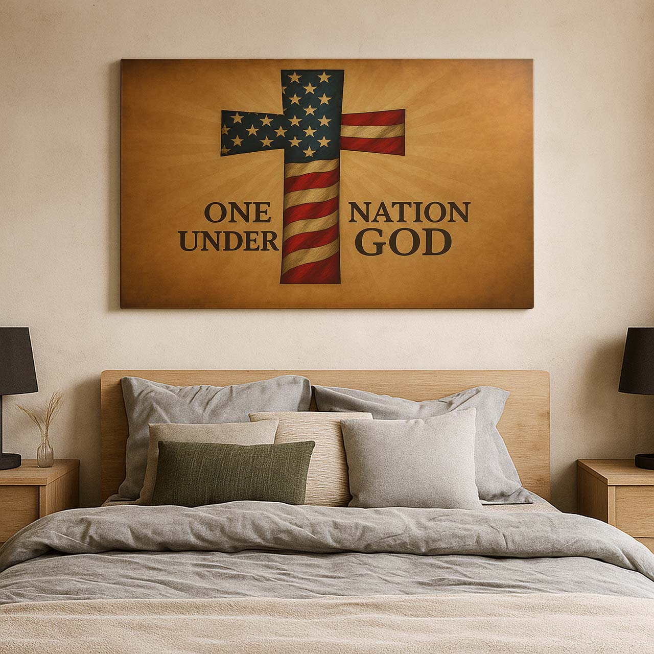 American Flag Cross Adorned by 'One Nation Under God' Typography, Wall Art Canvas