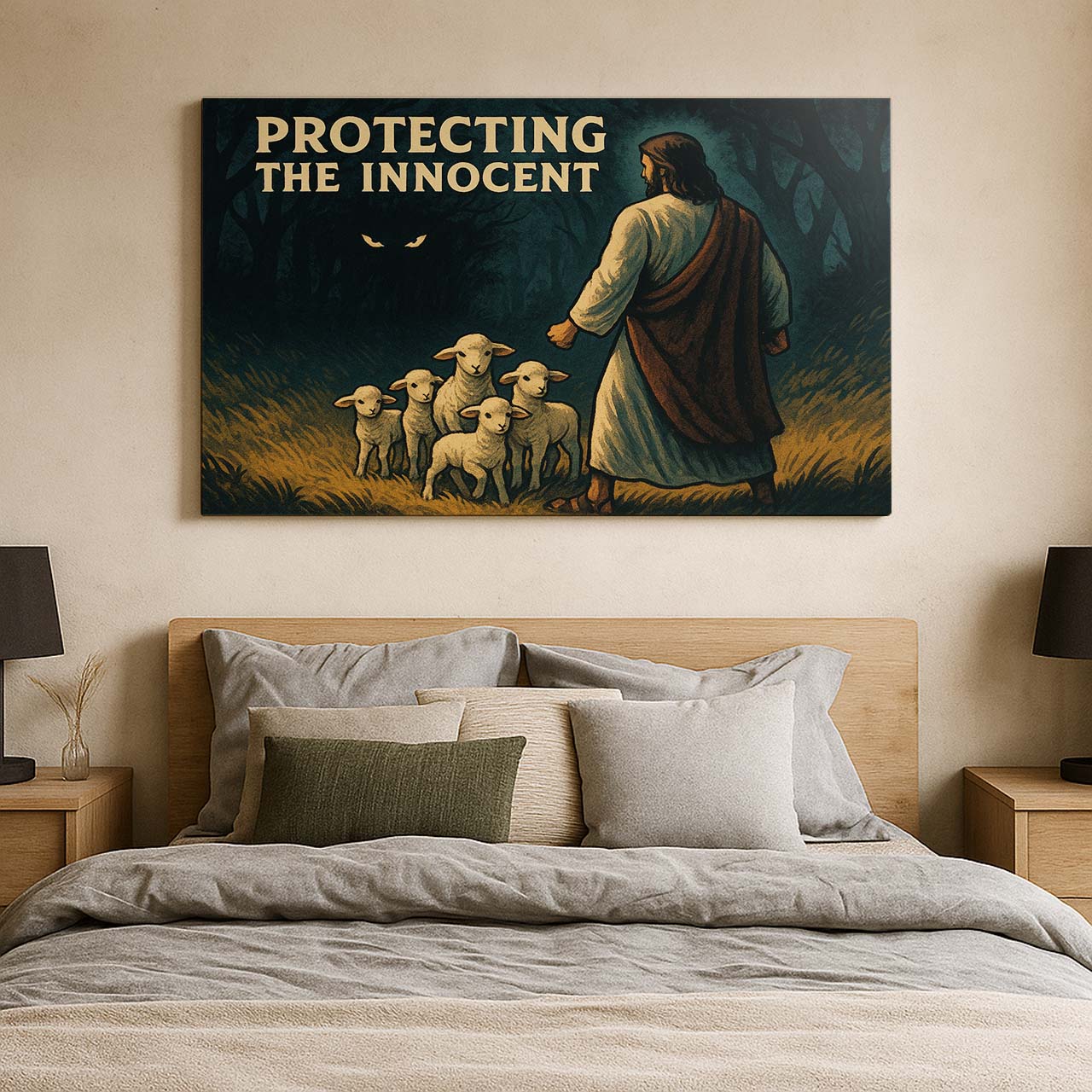 Jesus Protecting the Lambs in the Dark, Wall Art Canvas