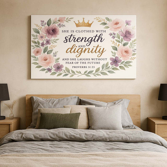 Floral Wreath of Strength and Dignity Proverbs 31:25, Wall Art Canvas