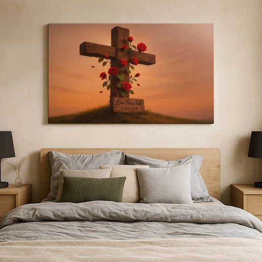 Wild Roses Entwined on Rustic Cross, Wall Art Canvas