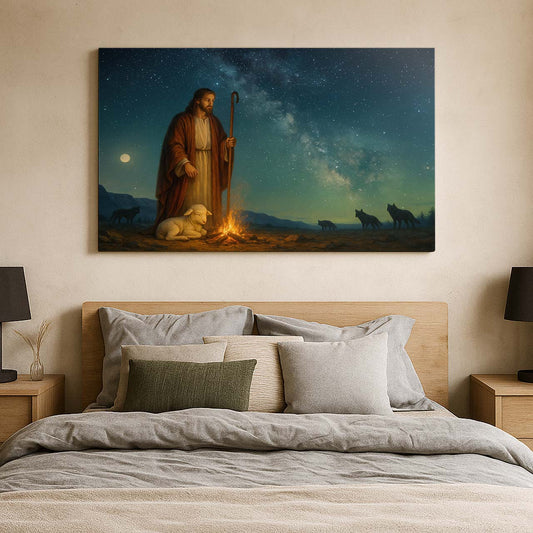 Jesus Guarding Lamb Under Starry Sky, Wall Art Canvas