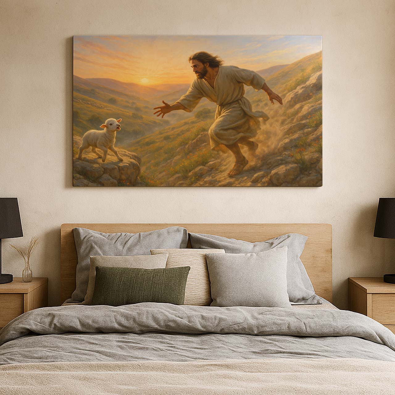 Jesus Holding Lamb Over Green Pasture, Wall Art Canvas