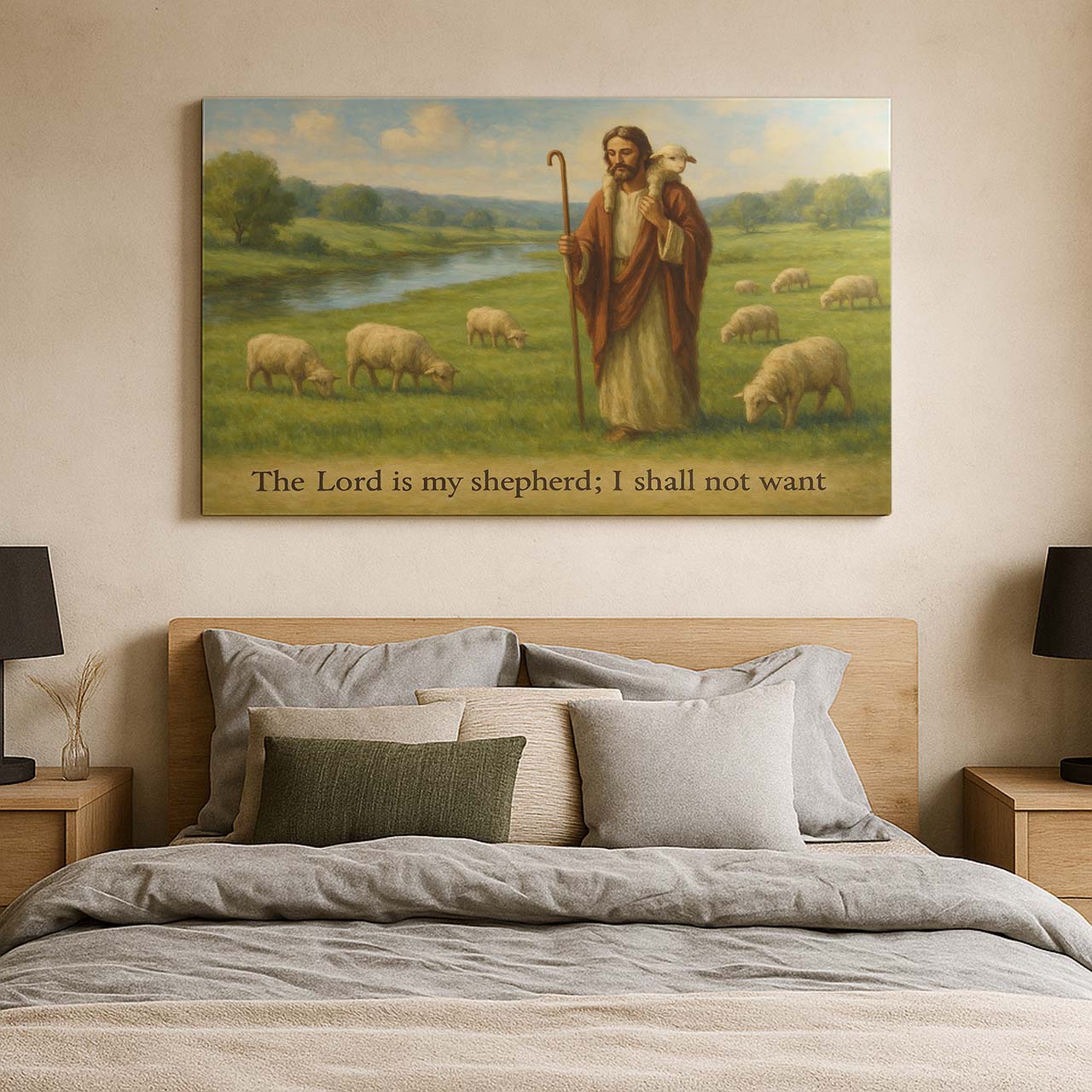 Jesus Carrying Lamb by a River, Wall Art Canvas