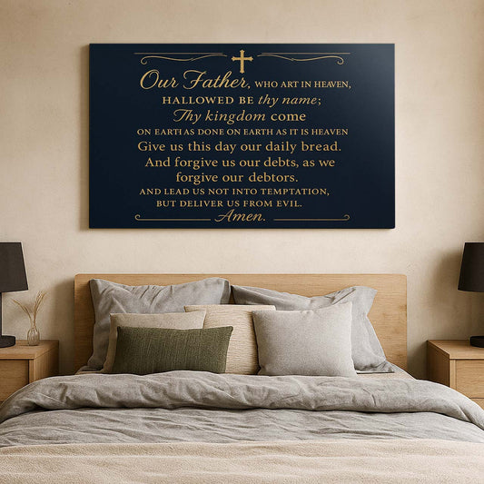 Our Father The Lord’s Prayer in Gold Script on Dark Background, Wall Art Canvas