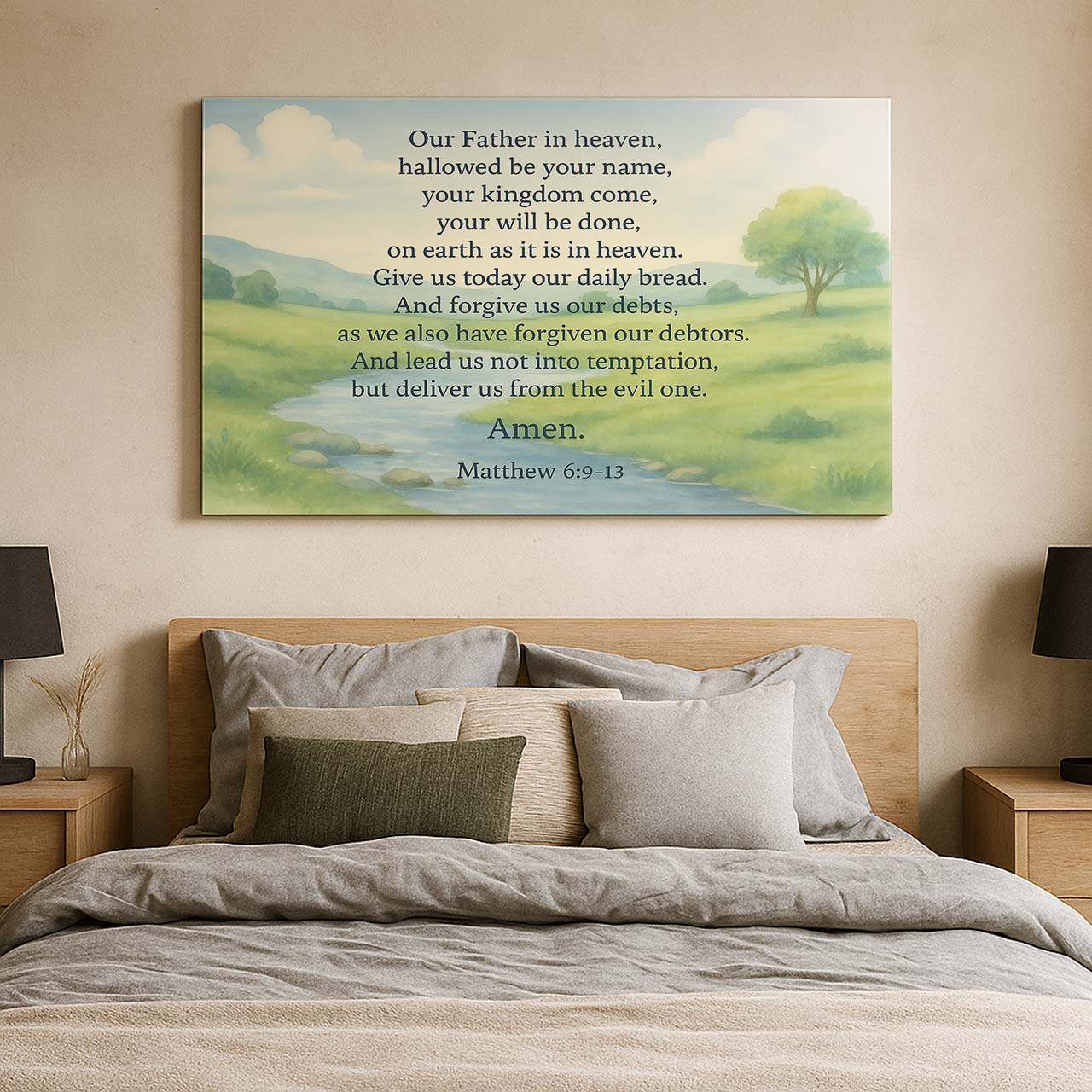 Our Father The Lord’s Prayer Matthew 6:9-13 on Pastoral Landscape, Wall Art Canvas