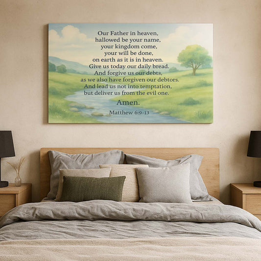 Our Father The Lord’s Prayer Matthew 6:9-13 on Pastoral Landscape, Wall Art Canvas