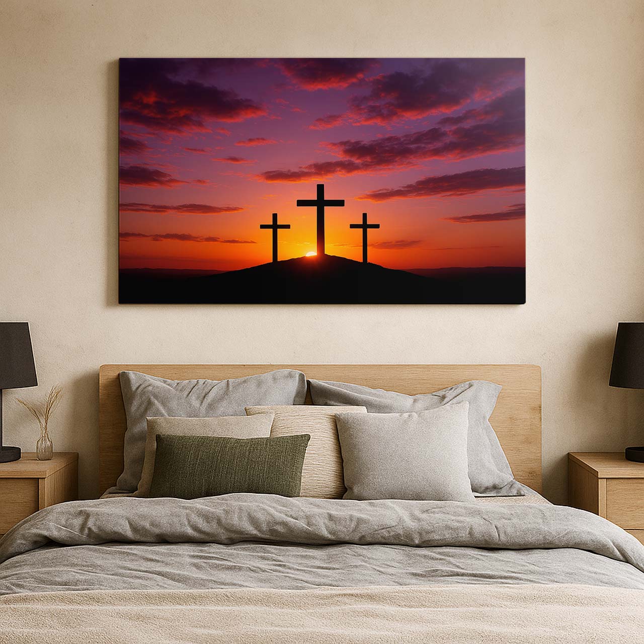 Three Crosses Silhouette at Sunset, Wall Art Canvas