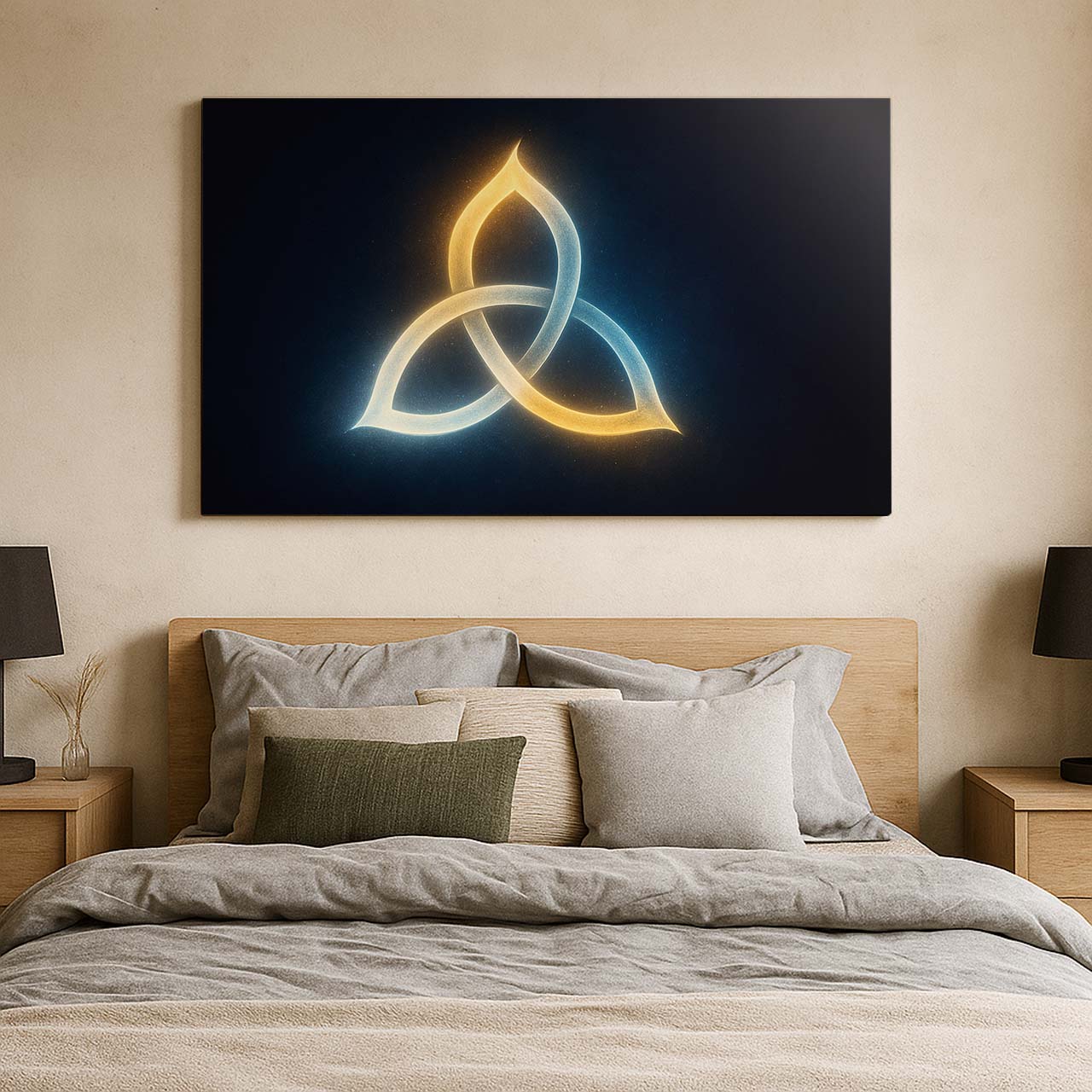 Trinity Knot of Light Glowing Symbol, Wall Art Canvas