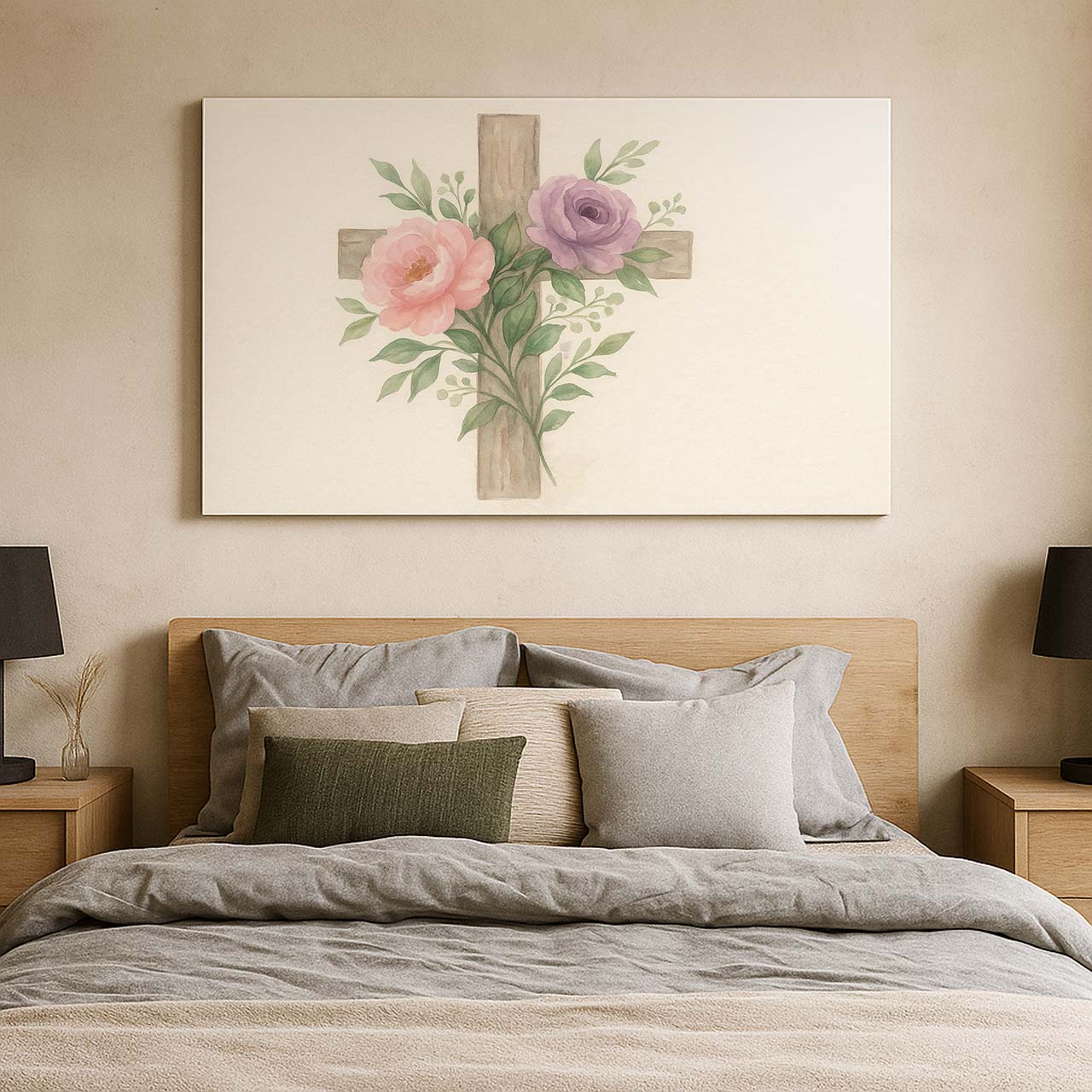 Spring Floral Watercolor Cross, Wall Art Canvas