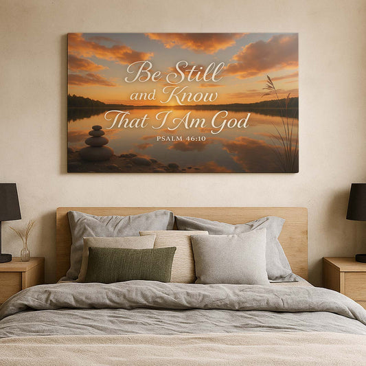 Sunset Reflection with 'Be Still, and Know' over a Serene Lake, Wall Art Canvas