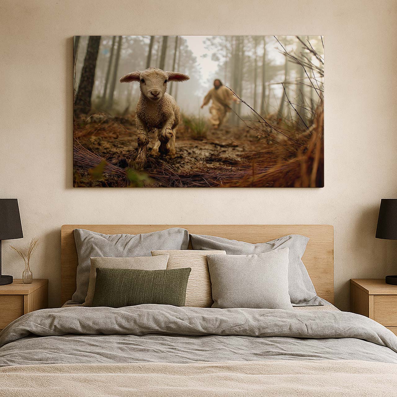 Jesus Running After a Lost Lamb in the Forest, Wall Art Canvas – mock-up 5