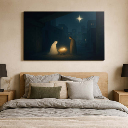 Modern Manger Scene Featuring Mary, Joseph, and Jesus, Wall Art Canvas